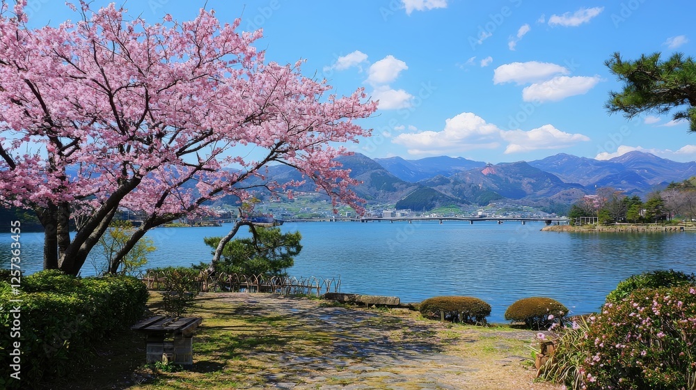 Serene Spring Landscape Cherry Blossoms by the Lake with Mountain View Serene Spring Landscape Cherry Blossoms by the Lake with Mountain View