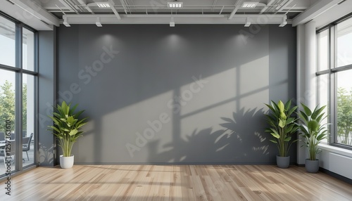 Fototapeta Naklejka Na Ścianę i Meble -  Modern empty grey wall in a spacious office interior with plants and large windows. 3D Rendering, for mockup design, 8k Resolution