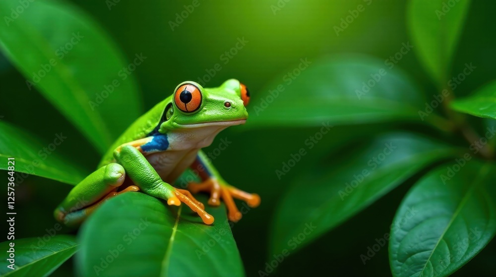 A vibrant green frog with striking orange and blue accents perched gracefully on lush green foliage, a captivating display of nature's artistry. A vibrant green frog with striking orange and blue accents perched gracefully on lush green foliage, a captivating display of nature's artistry.