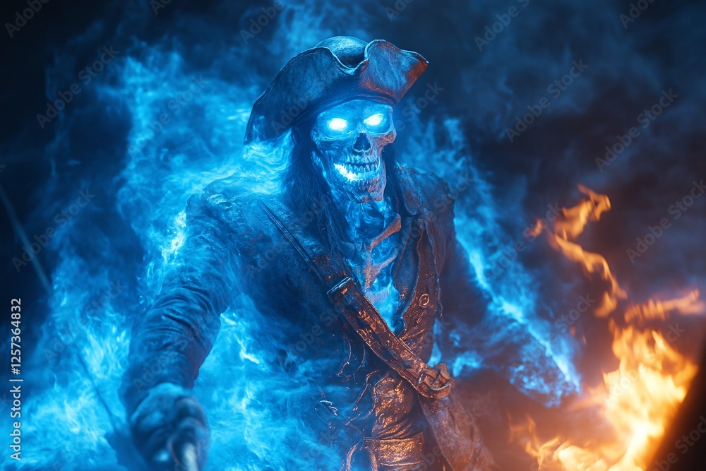 Fototapeta premium Flaming Pirate Skeleton Enveloped In Blue Fire