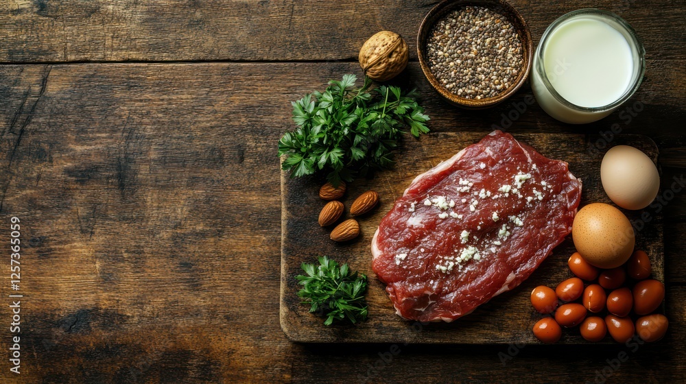 Macro Nutrition: A balanced selection of protein, carbohydrates, and healthy fats are arranged on a rustic wooden table, highlighting the essentials of a macro-nutrient focused diet. Macro Nutrition: A balanced selection of protein, carbohydrates, and healthy fats are arranged on a rustic wooden table, highlighting the essentials of a macro-nutrient focused diet.