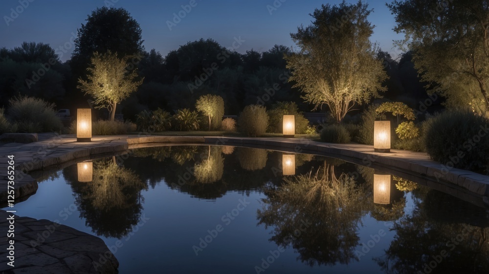 Fototapeta premium Nighttime Garden Pond with Illuminated Lanterns