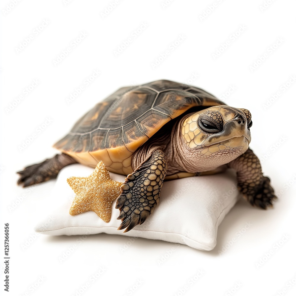 Obraz premium Adorable Baby Turtle Sleeping on Soft White Pillow with Gold Star Peaceful Cute Reptile Animal Wildlife Nature Photography Image pet legs calm small 