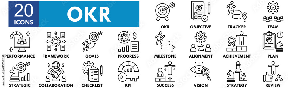 Objectives and Key Results icon collection set. Containing design objective, business, key, evaluation, plan, strategy Objectives and Key Results icon collection set. Containing design objective, business, key, evaluation, plan, strategy