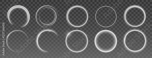 A set of glowing white circular light effects on a transparent background. Includes neon rings, soft halos, curved light swirls, and radial glow effects for design and graphic overlays.
