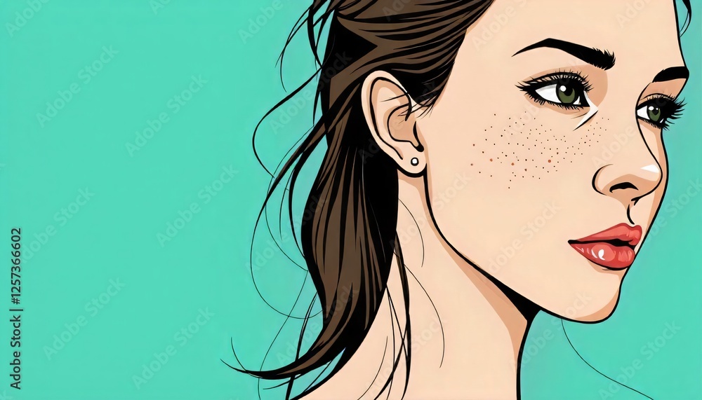 Stylish Freckled Woman Profile Pop Art Illustration Teal Background Stylish Freckled Woman Profile Pop Art Illustration Teal Background