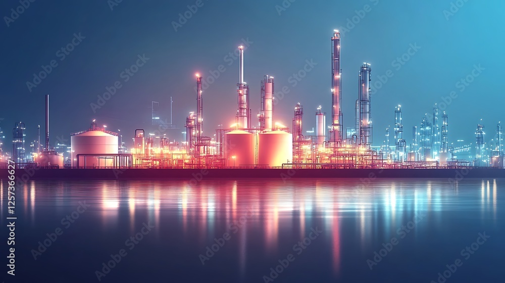 Obraz premium Night Lights of the Refinery: Industrial Landscape at Dusk