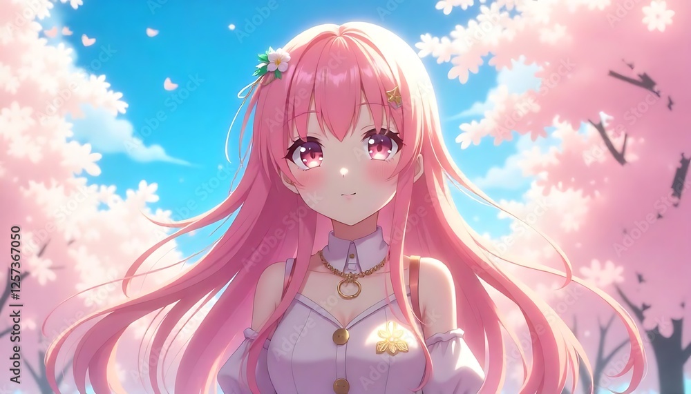Pink-Haired Anime Girl in Cherry Blossom Garden Pink-Haired Anime Girl in Cherry Blossom Garden