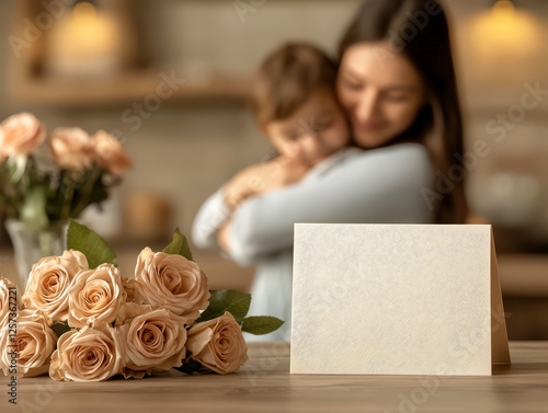 A warm embrace between a mother and child highlighted by beautiful pale pink roses, showcasing love, care, and the strong bond they share in a cozy environment. photo