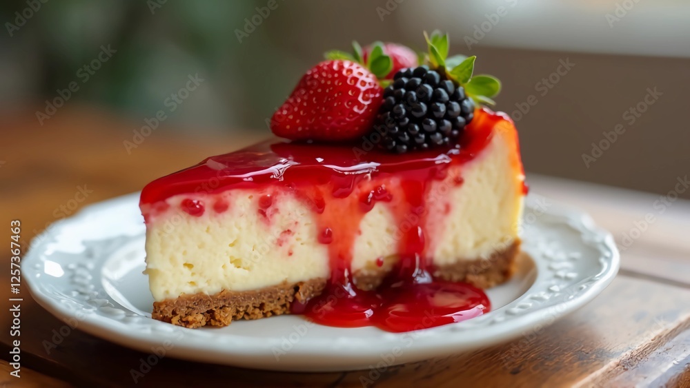 A slice of classic New York cheesecake with a golden graham cracker crust, topped with glossy strawberry sauce A slice of classic New York cheesecake with a golden graham cracker crust, topped with glossy strawberry sauce