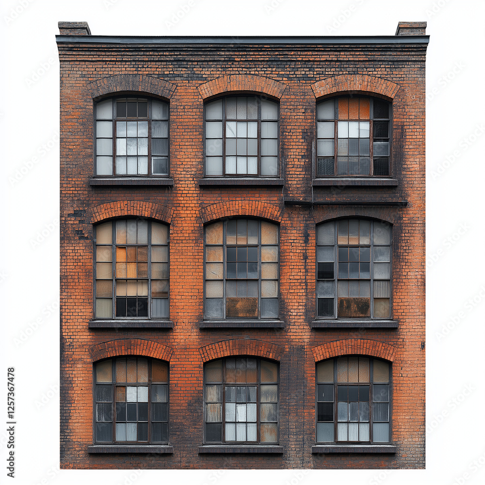 Fototapeta premium Historic Two-Story Brick Building with Ivy-Covered Metal Balconies and Wooden Windows – Rustic Architectural Charm and Vintage Appeal