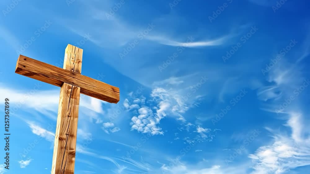 Wooden cross against a vibrant blue sky, symbolizing faith and Easter celebration Wooden cross against a vibrant blue sky, symbolizing faith and Easter celebration