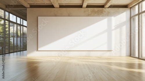 A large white wall was in an office with light wooden floors and a modern design with glass walls. A mockup of the blank space was displayed. The room had concrete ceilings and lighting from windows photo