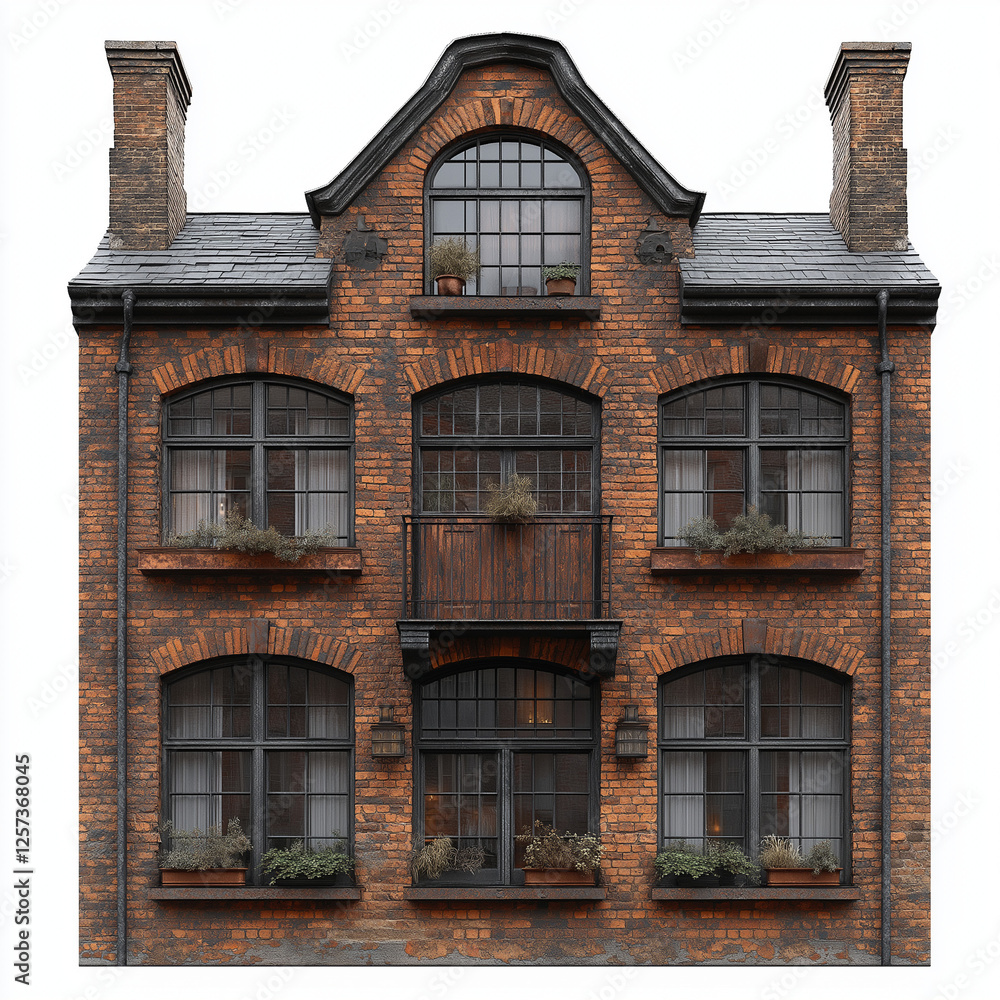 Naklejka premium Historic Two-Story Brick Building with Ivy-Covered Metal Balconies and Wooden Windows – Rustic Architectural Charm and Vintage Appeal