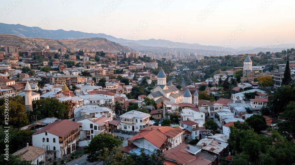 Panoramic cityscape of old Tbilisi, Georgia at dawn. Possible use Travel brochure, tourism magazine Panoramic cityscape of old Tbilisi, Georgia at dawn. Possible use Travel brochure, tourism magazine