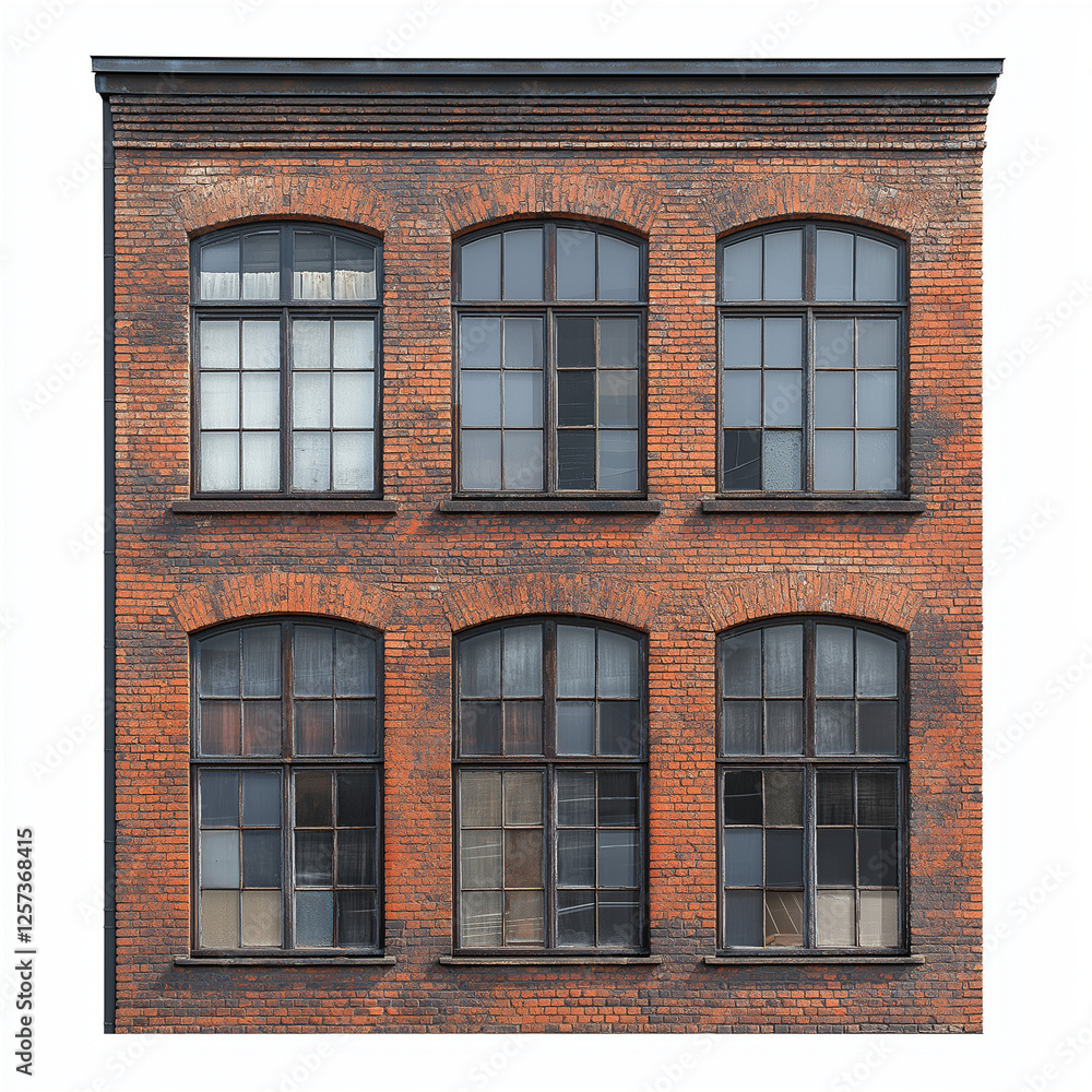 Fototapeta premium Historic Two-Story Brick Building with Ivy-Covered Metal Balconies and Wooden Windows – Rustic Architectural Charm and Vintage Appeal