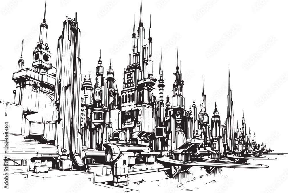 Fototapeta premium Gothic City landscape. Line urban backdrop. Different buildings on street, outline cityscape hand sketch, flat houses. Hand drawn vector illustration