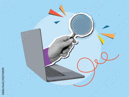 A hand with a magnifying glass comes out of a laptop monitor. Symbol of a research. Modern photo collage style. Vector illustration