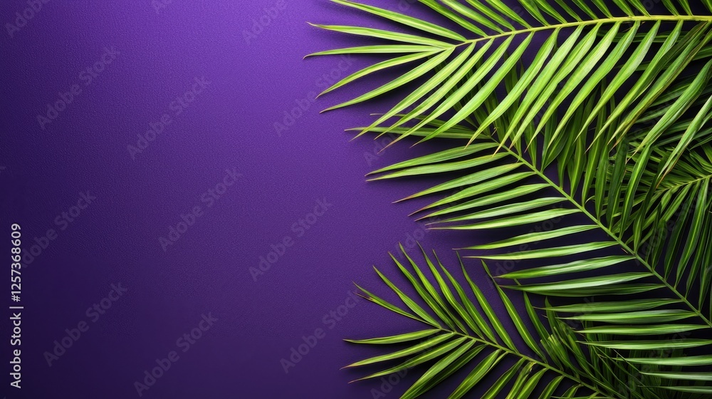 Obraz premium Purple background, palm leaves, tropical, summer, design, copy space, nature, invitation