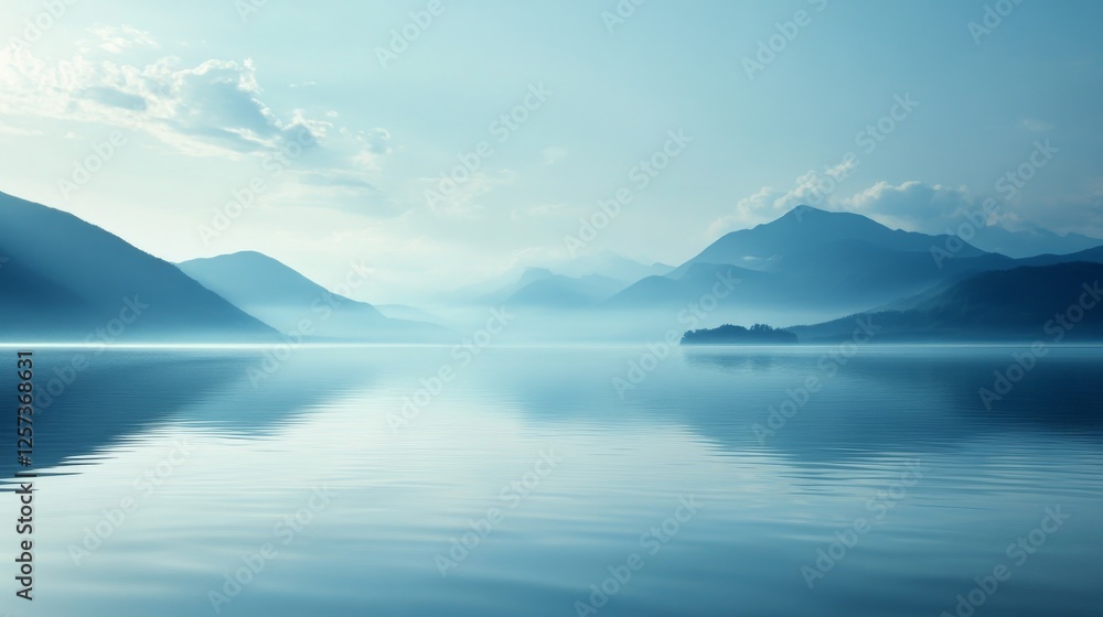 Serene landscape showing mountains reflecting on calm lake waters Serene landscape showing mountains reflecting on calm lake waters