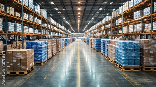 Wallpaper Mural Warehouse aisle, pallets, logistics, inventory, distribution center, storage, shipping, industry, boxes, background Torontodigital.ca