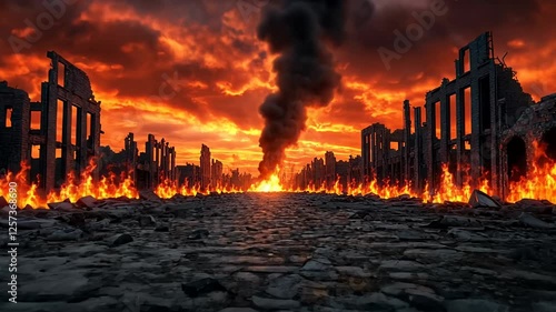 A fiery apocalyptic scene with burning ruins and dramatic skies, symbolizing destruction and chaos