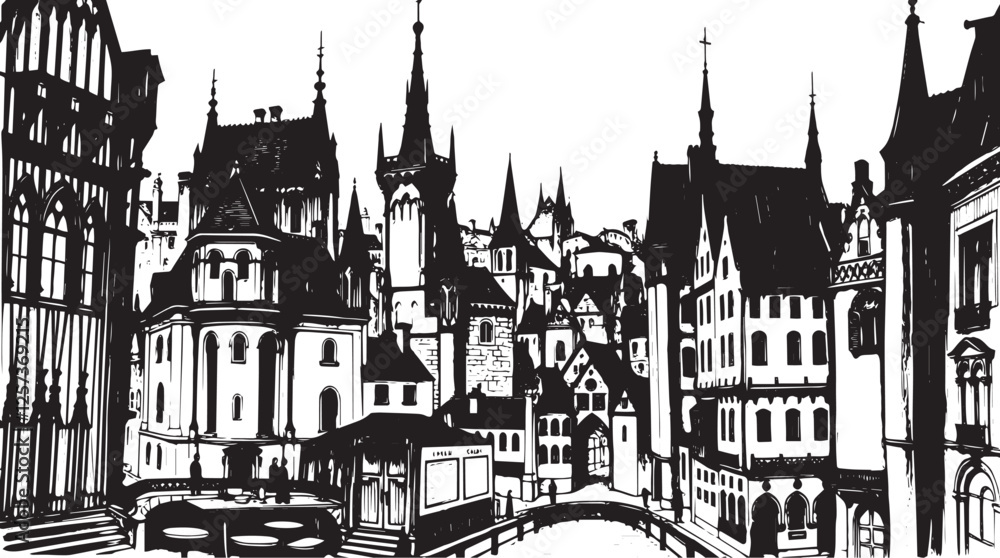 Obraz premium Gothic City landscape. Line urban backdrop. Different buildings on street, outline cityscape hand sketch, flat houses. Hand drawn vector illustration