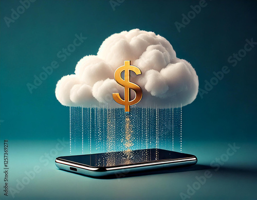 Generated Image, Dollar sign symbol with cloud, digital online marketing for businesses and social media marketing with cloud.	