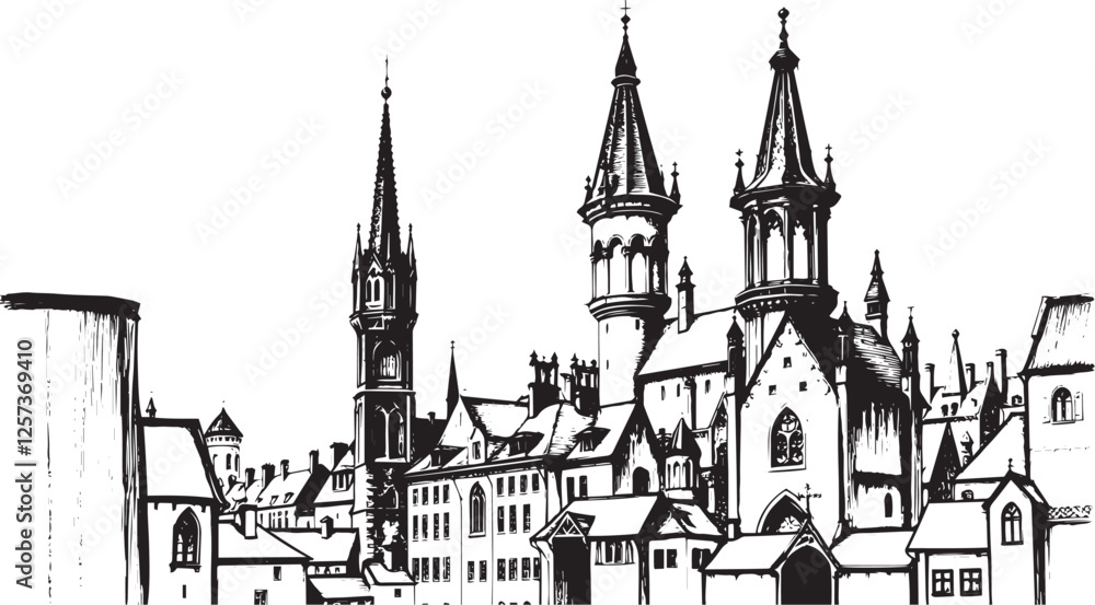 Fototapeta premium Gothic City landscape. Line urban backdrop. Different buildings on street, outline cityscape hand sketch, flat houses. Hand drawn vector illustration