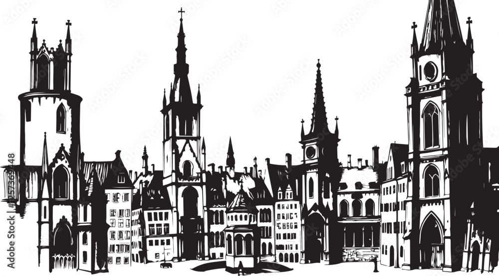 Fototapeta premium Gothic City landscape. Line urban backdrop. Different buildings on street, outline cityscape hand sketch, flat houses. Hand drawn vector illustration