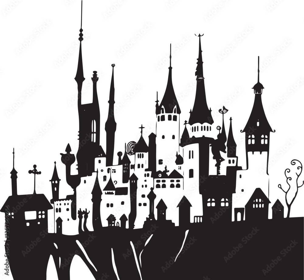 Fototapeta premium Gothic City landscape. Line urban backdrop. Different buildings on street, outline cityscape hand sketch, flat houses. Hand drawn vector illustration