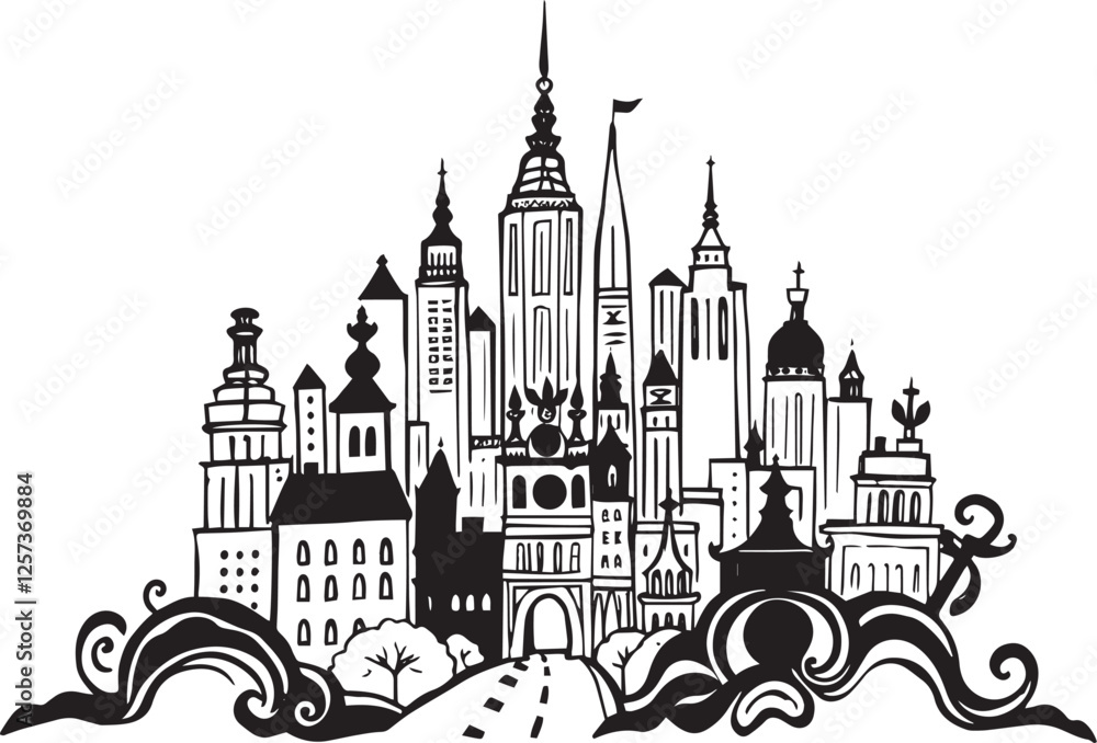 Obraz premium City landscape. Line urban backdrop. Different buildings on street, outline cityscape hand sketch, flat houses. Hand drawn vector illustration