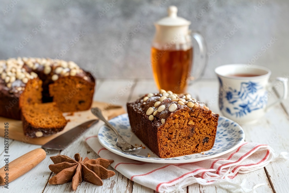 A slice of cake with a knife on a plate next to a cup of tea A slice of cake with a knife on a plate next to a cup of tea