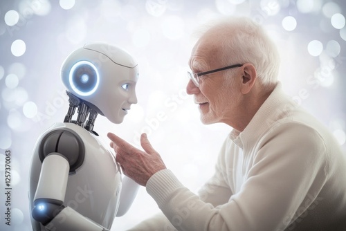 Elderly man engages warmly with humanoid robot, showcasing emoti photo