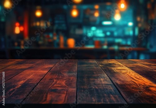 Rustic wooden bar table, night, bokeh background, product display photo