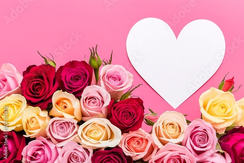 A bouquet of roses is arranged in a heart shape on a pink background