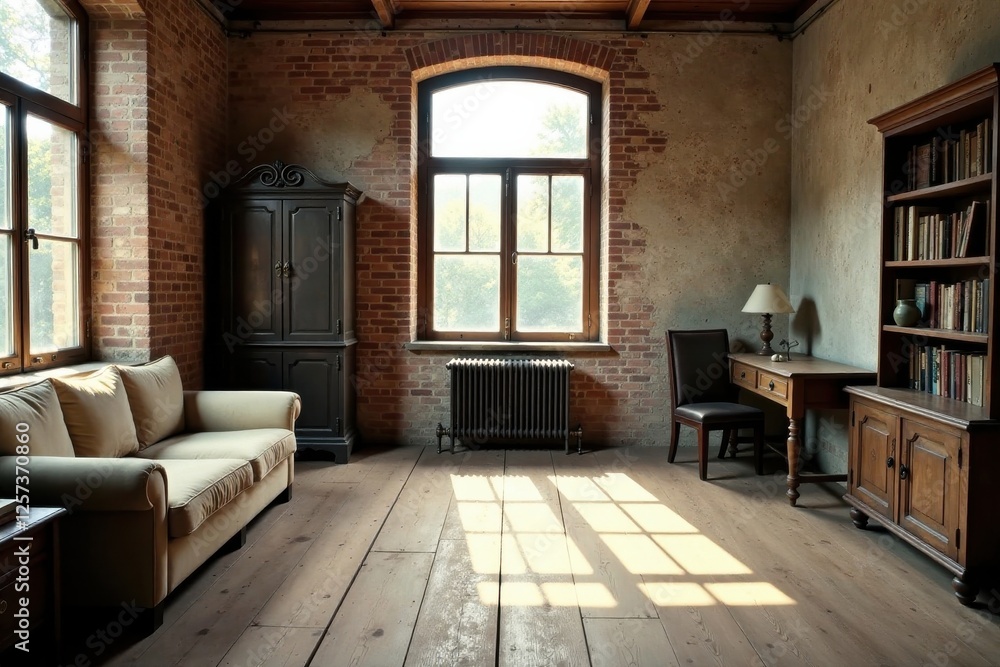 Sunlit Interior Room with Exposed Brick Walls, Hardwood Floors, and Vintage Furniture Sunlit Interior Room with Exposed Brick Walls, Hardwood Floors, and Vintage Furniture