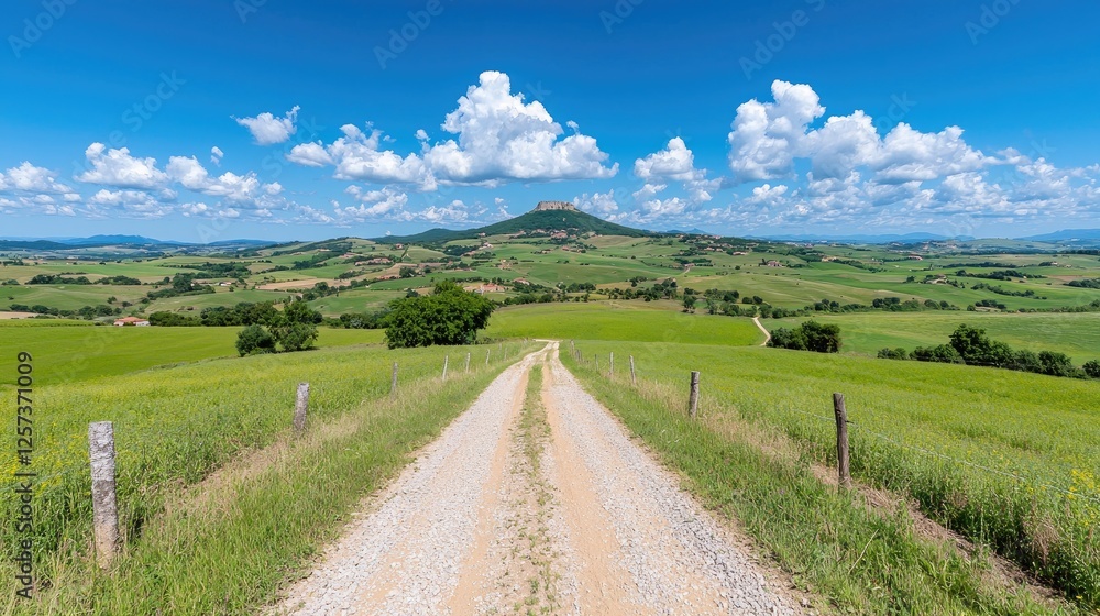 Fototapeta premium Country road leading to hilltop under sunny sky