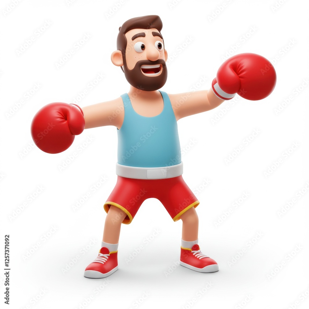 Animated boxer character in red gloves and blue tank top with excited expression Animated boxer character in red gloves and blue tank top with excited expression