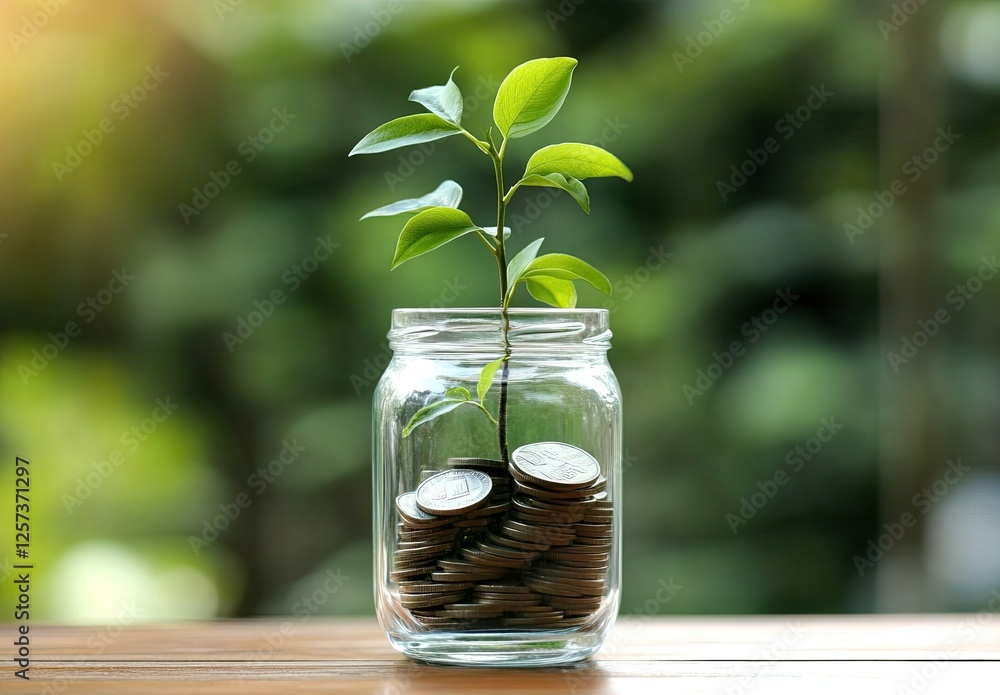 Plant sprouting from coins in jar, outdoors, growth, finance Plant sprouting from coins in jar, outdoors, growth, finance