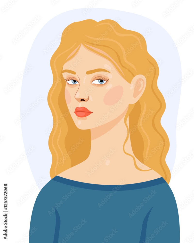 Portrait of a young blonde woman with blue eyes and curly hair. Women's day. Pretty european girl. Vector illustration. Portrait of a young blonde woman with blue eyes and curly hair. Women's day. Pretty european girl. Vector illustration.