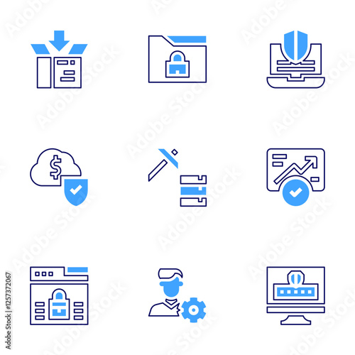 Data icon set. Bold line style. Duotone colors. Editable stroke. analytic, layers, data protection, data management, project manager, data mining, data, confidential data