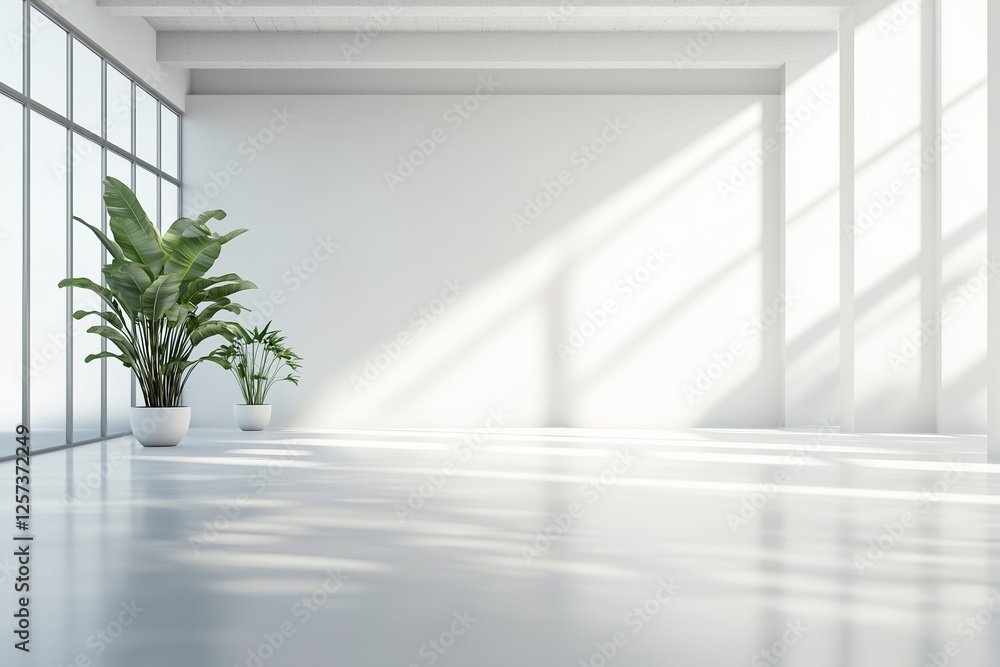 Fototapeta premium Blank white wall mockup in sunny modern empty gallery, 3d rendering. Clear big stand mock up in museum with contemporary art exhibitions. Large hall interior with wide banner exposition template.