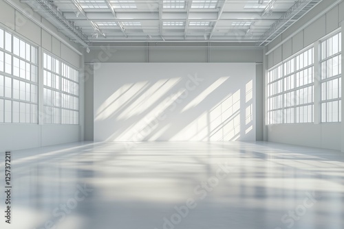 Wallpaper Mural Blank white wall mockup in sunny modern empty gallery, 3d rendering. Clear big stand mock up in museum with contemporary art exhibitions. Large hall interior with wide banner exposition template. Torontodigital.ca
