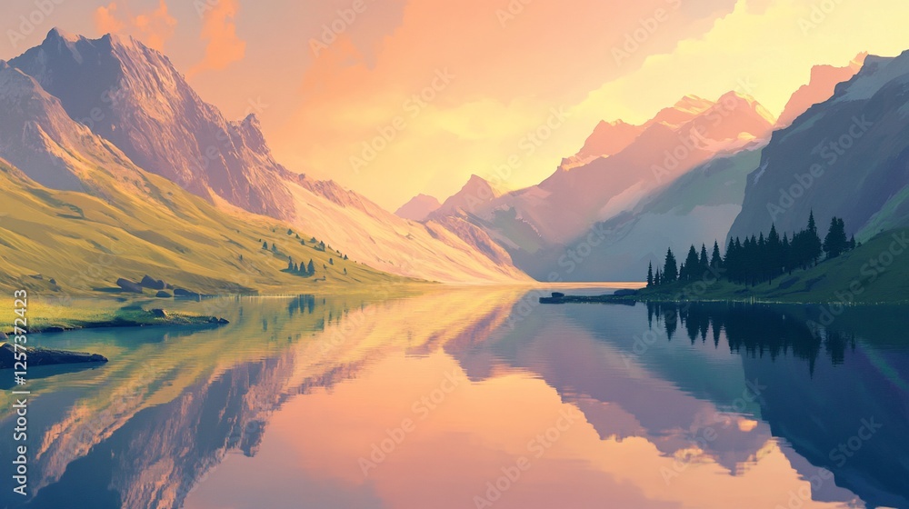 Fototapeta premium Serene sunset lake reflecting mountains