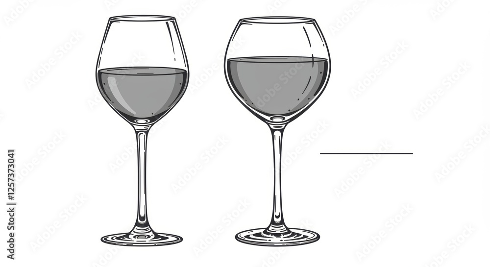 Minimalist black and white ink drawing of two wine glasses with varying fill levels Minimalist black and white ink drawing of two wine glasses with varying fill levels