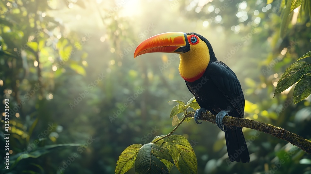 Obraz premium Toucan tropical bird sitting on a tree branch in natural wildlife environment in rainforest jungle : Generative AI