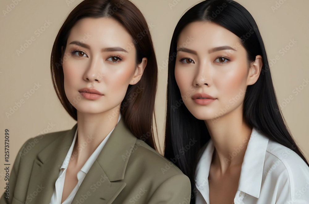 Fashion Portrait of Two Elegant Women with Glowing Skin, One in a Khaki Blazer and the Other in a White Shirt, Set Against a Minimal Beige Background Fashion Portrait of Two Elegant Women with Glowing Skin, One in a Khaki Blazer and the Other in a White Shirt, Set Against a Minimal Beige Background