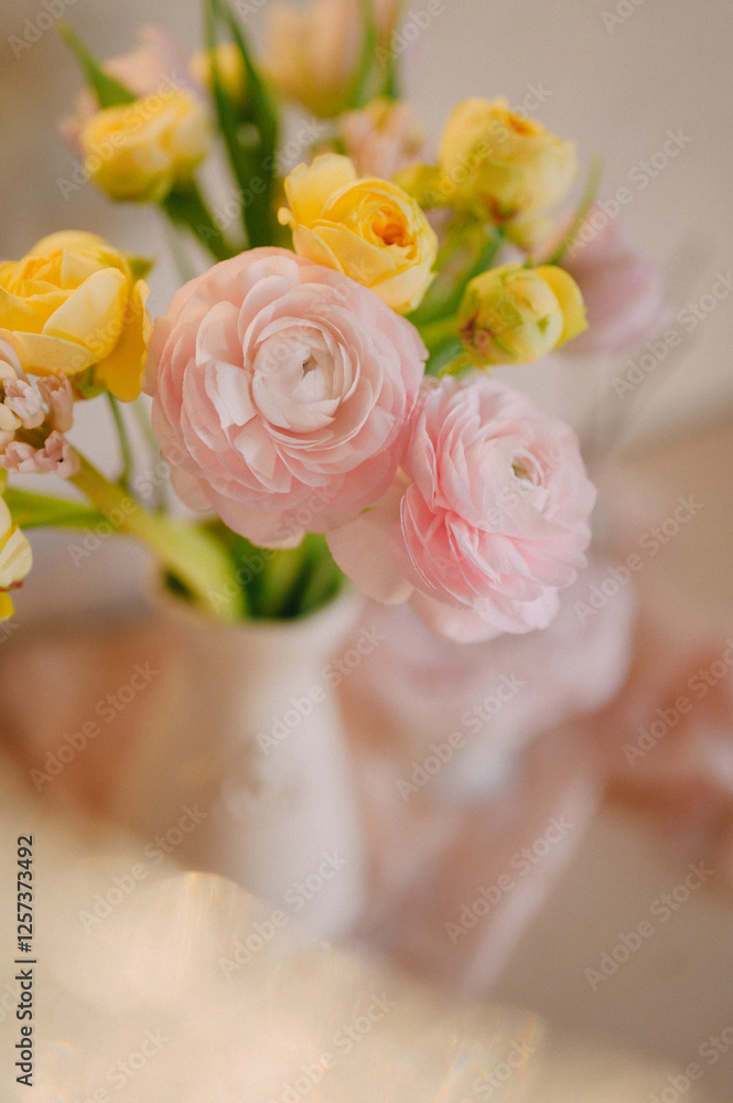 Fototapeta premium Soft Pastel Ranunculus and Yellow Roses in a Glass Vase