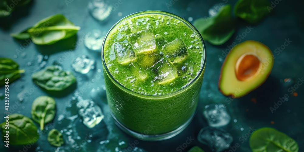 Fresh green smoothie made with spinach and avocado on a dark background surrounded by fresh ingredients Fresh green smoothie made with spinach and avocado on a dark background surrounded by fresh ingredients